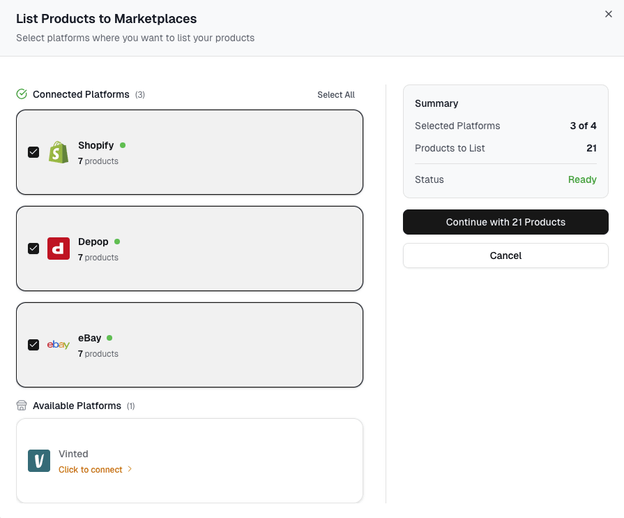 Screenshot of Dropstitch marketplace overview with publish buttons enabled